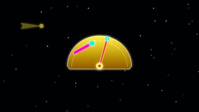 Neon illuminated gauge needles move across circular golden metallic interface panels as if charting nautical charts during a cosmic columbus day journey through deep stellar space