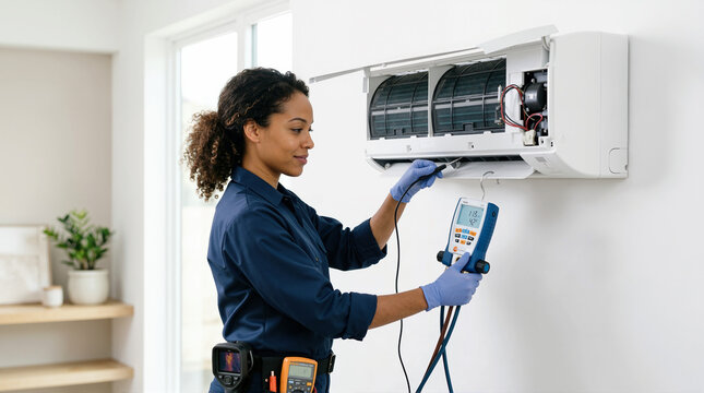 Female maintenance worker testing air conditioner. Professional Black HVAC technician using digital gauge on open wall mounted split system