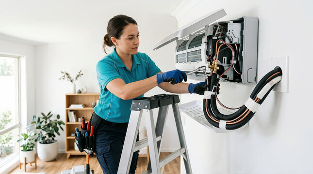 Female HVAC technician on a ladder using a wrench to connect refrigerant pipes to a mini-split air conditioner. Professional woman installing a home cooling system indoor unit
