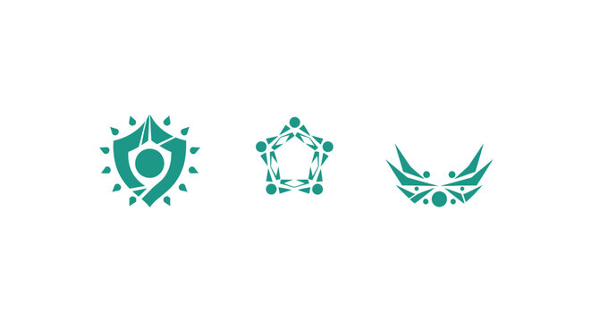 Three green emblem icons with shield star and wings design.