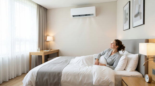 Woman relaxing in a hotel bed under a wall mounted air conditioner. Happy female guest enjoying cool air in a modern bedroom