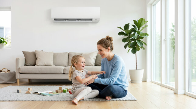 Mother and daughter playing on the floor under an air conditioner. Happy family enjoying a healthy and comfortable home environment