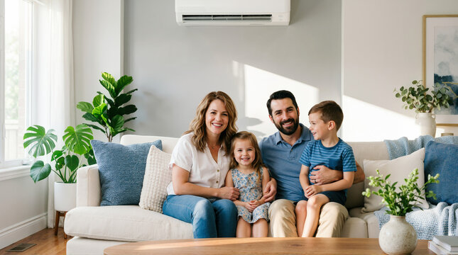 Portrait of a happy family sitting on a sofa under an air conditioner. Parents and children enjoying a comfortable home environment