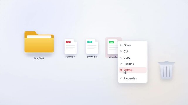 Deleting files via right click context menu moving documents to trash bin on desktop interface