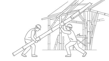 Obraz premium Construction Workers Building Bamboo House Eco-Friendly Architecture Line Art Illustration