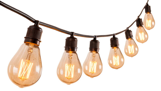 Hanging string of vintage electric edison light bulbs glowing isolated on transparent background