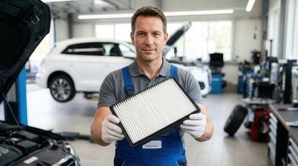 Fototapeta premium Professional mechanic in gloves holding a new pleated cabin air filter in an automotive service center.
