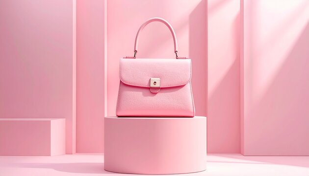 A pink purse sits on a cylindrical pedestal in a minimalist pink room interior.