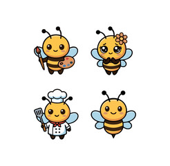 Naklejka premium Cute bee mascot collection featuring an artist bee with paint palette, chef bee, adorable shy bee with flower, and classic smiling bee. Fun cartoon vector illustrations with clean outlines, ideal for 