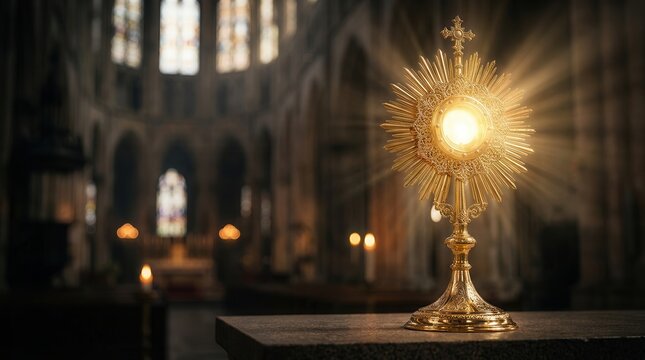 Golden monstrance holding the holy sacrament on a stone altar.