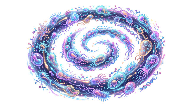 Microscopic bacteria spiral illustration, colorful gut microbiome organisms on white background, medical science probiotic flora concept
