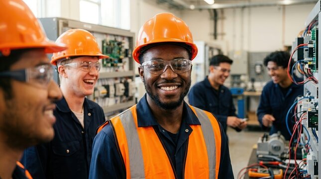 Diverse group of young electrician students laughing by an electrical project.