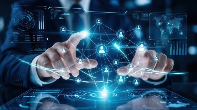 Businessmen utilize AI search intelligence and data information to grow business and acquire new customers globally.
