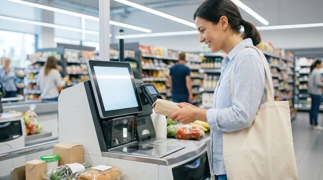Smiling young woman scanning products at a self checkout machine in a grocery store