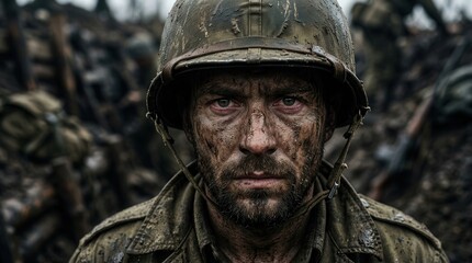 Fototapeta premium Tired military man with mud on face and helmet in a combat zone.