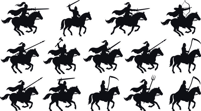 Medieval knight and warrior silhouettes riding horses with weapons isolated on white background vector set