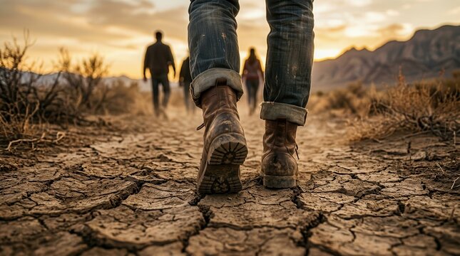 Climate refugees walking on a cracked rural road during a warm evening.
