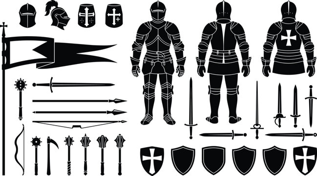 Medieval knight armor and weapons silhouette vector set featuring full plate suits shields and swords