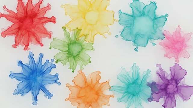 Colorful watercolor paint splashes flowing and blooming on white background. Abstract liquid ink motion backdrop, creative art transition, video intro, title screen, social media reel, digital project