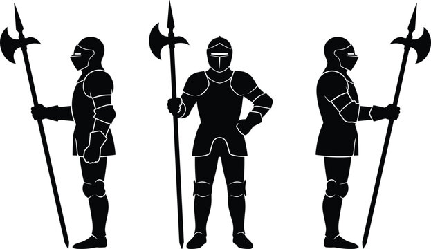 Medieval knight in full armor holding a halberd spear vector silhouettes from side and front view