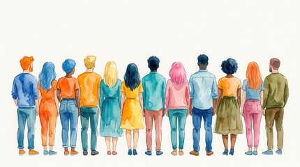 Obraz premium Watercolor illustration of diverse people standing together in a community.