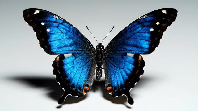 Vivid Blue Morpho Butterfly with Wings Fully Spread and Facing Forward on a White Studio Background