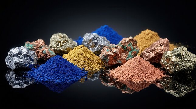 Close-up of critical materials including lithium, cobalt, and rare earth metals on a black reflective surface.