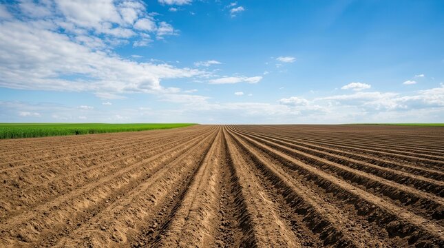 Freshly plowed field with furrows ready for planting crops in spring.