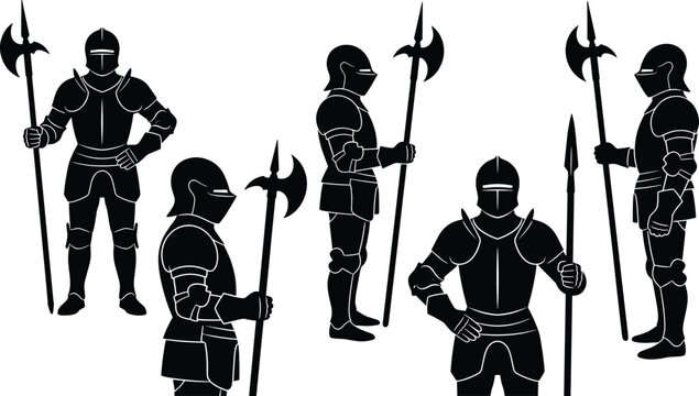 Medieval knight in full armor suits set vector black silhouettes holding halberds and spears isolated on white background