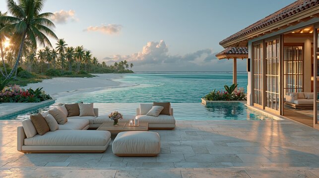 Luxury Tropical Villa Estate with Infinity Pool and Ocean View at Sunset