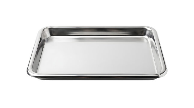 Stainless steel baking sheet, professional metal kitchen tray, empty silver aluminum oven pan isolated on white background