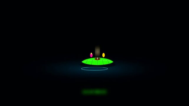 a luminous green disc displays diwali festival celebrations with sustainable lamps hovering above a glowing platform while soft circular light patterns emerge across the dark arena