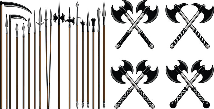 Medieval Polearms And Crossed Battle Axes Vector Illustration Set On Isolated White Background