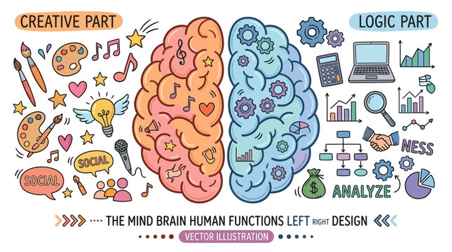 Conceptual Illustration of Human Brain Hemispheres Depicting Analytical Logic versus Artistic Creativity with Social Network Connectivity and Cognitive Intellect Symbols in Modern Design