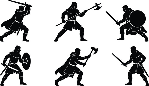 Medieval Warrior Silhouettes Set with Knights Holding Swords Shield and Battle Axes on White Background
