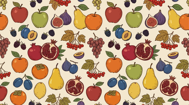Seamless autumn botanical pattern featuring a harvest collection of ripe organic fruits like apple, pear, and fig, mixed with forest berry on an elegant repeating seasonal background.