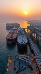 Fototapeta premium Aerial view of large cargo ships docked at an industrial port during a hazy sunrise with warm golden light illuminating the scene.