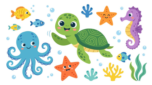 Adorable baby sea turtle character swimming underwater in the ocean featuring a joyful smiling face and expressive eyes vibrant marine life illustration for children