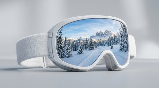 White ski goggles reflecting a snowy winter forest landscape.