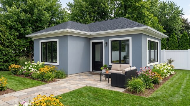 Modern ADU backyard office and guest house exterior with stone patio.
