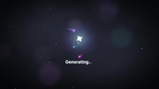 Glowing AI spark with orbiting atom particles and Generating text on dark bokeh background loop
