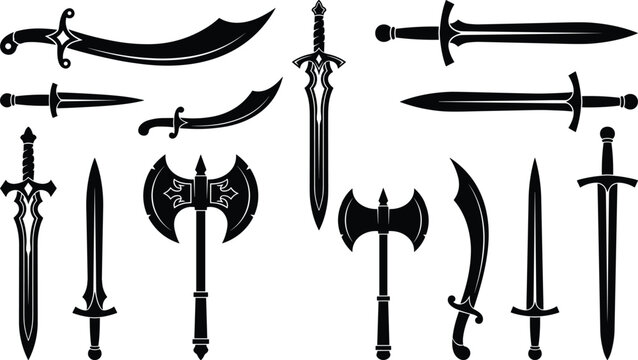 Medieval Weapons Silhouette Set Featuring Fantasy Swords Daggers and Battle Axes Isolated on White Background