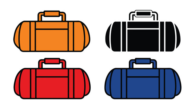 Assorted Duffle Bags: A collection of four colorful duffle bags, including orange, black, red, and blue, presented in a clean graphic style.