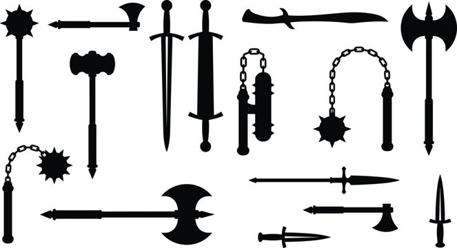 Medieval Weapons Silhouette Set Including Swords Axes Flails and Maces Isolated on White Background