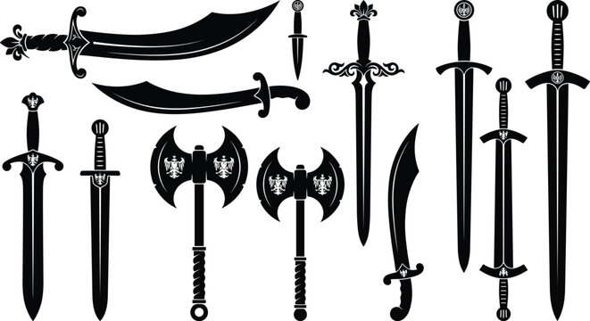 Medieval weapons vector black silhouette set featuring cold steel ancient swords daggers and double axes on white background