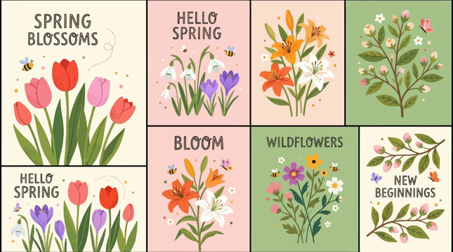 Collection of thirty elegant spring greeting card designs featuring colorful botanical elements, blooming tulips, delicate snowdrops, and vibrant floral illustrations for seasonal themes.