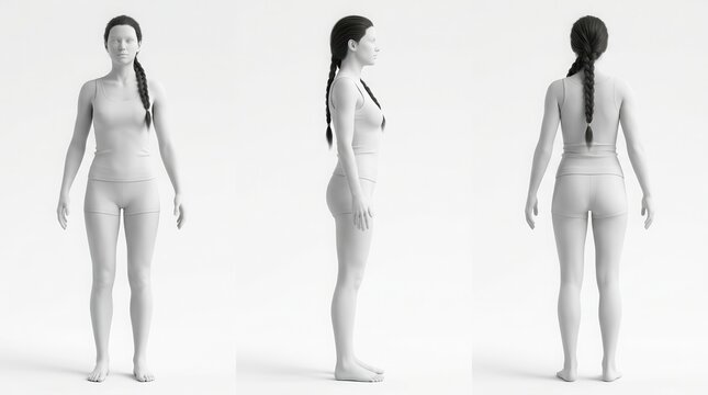 3D rendered medical illustration of a tall female body in three views