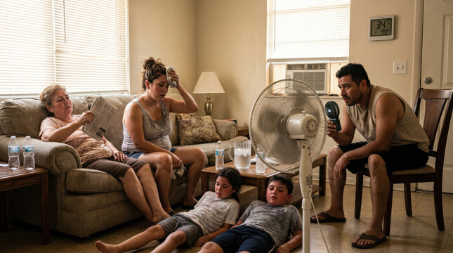 Sweating family trying to cool down with a fan in a hot living room during a summer heatwave. Exhausted parents and children struggling with high indoor temperature. Climate change concept