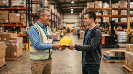 Smiling warehouse supervisor handing a hard hat to a new young worker. Manager giving safety equipment to an employee during onboarding in a large logistics distribution center © scaliger