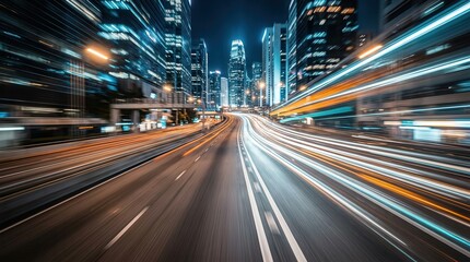 Fototapeta premium Fast motion blur of a city road at night with glowing lights.